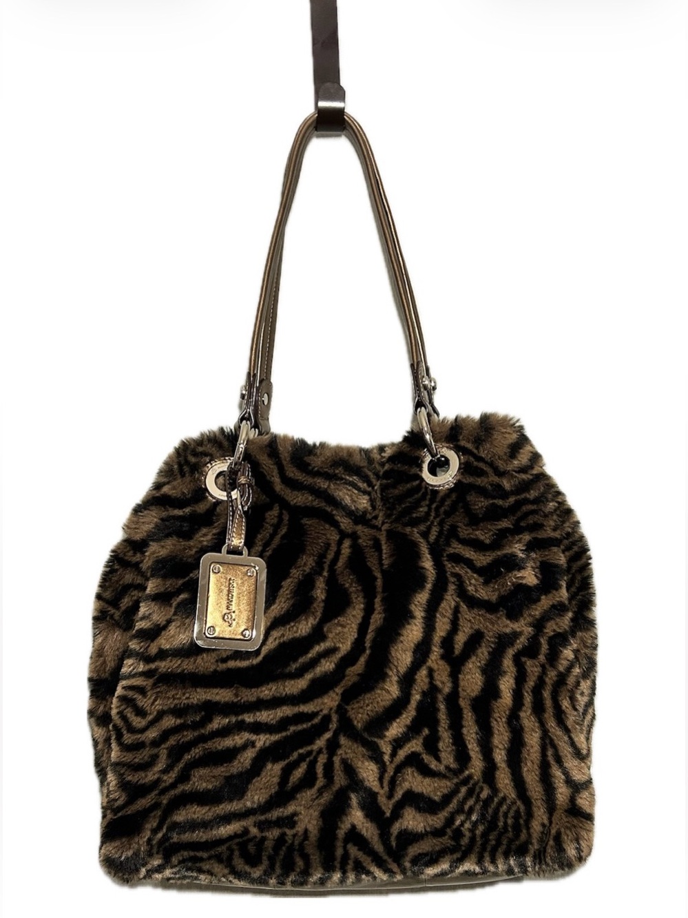 B Makowsky Faux Fur Animal Print large leather shoulder/tote bag